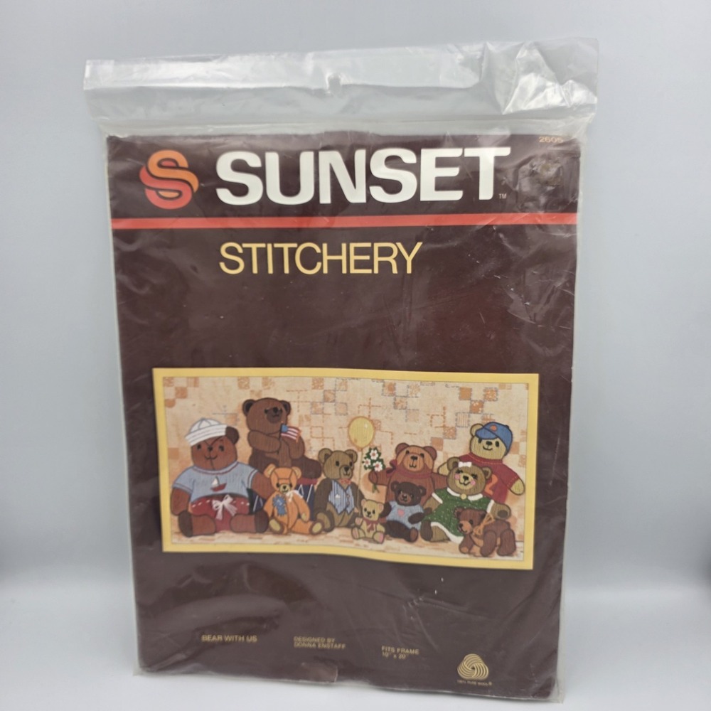 New Vtg 1983 Sunset Stitchery 2605 Crewel Kit  "Bear With Us" Fits Frame 10 x 20